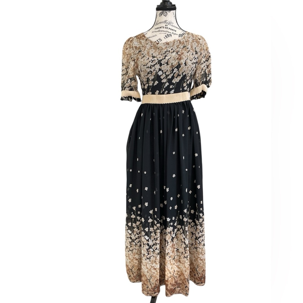 Luomeidisha Floral Chiffon Maxi Dress Black Beige Empire Waist Ribbon Sheer S